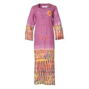 The Susie Lilac Tie Dye Kaftan Dress Long Sleeve All Seasons Lightweight Organic Cotton Embroidered Tassels Beach Womenswear
