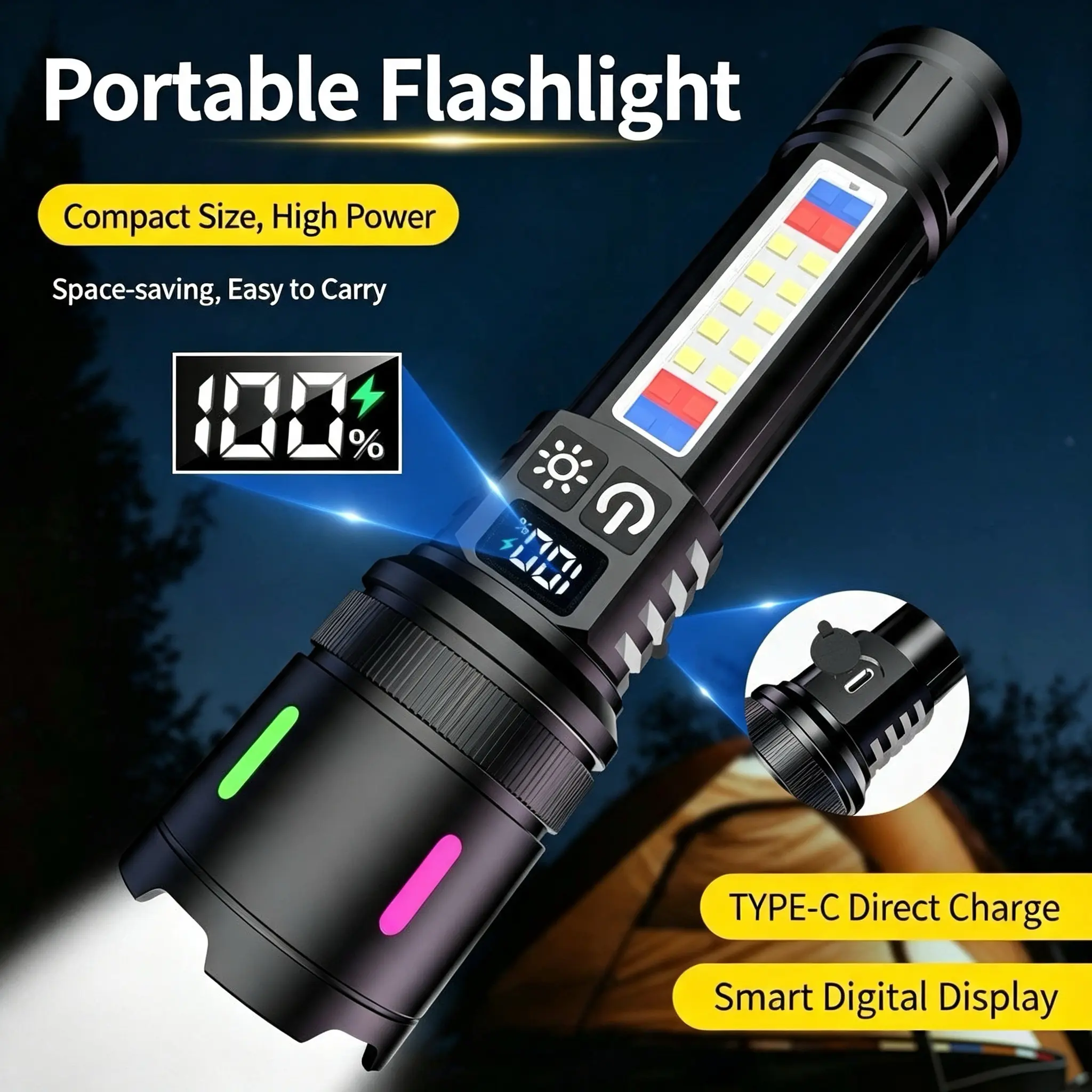 Dual Light Source Zoomable Rechargeable Flashlight, Ultra Bright Handheld Torch with Side COB Light, Digital Power Indicator, Type-C Charging, Portable Waterproof for Camping, Hiking, Outdoor Emergency