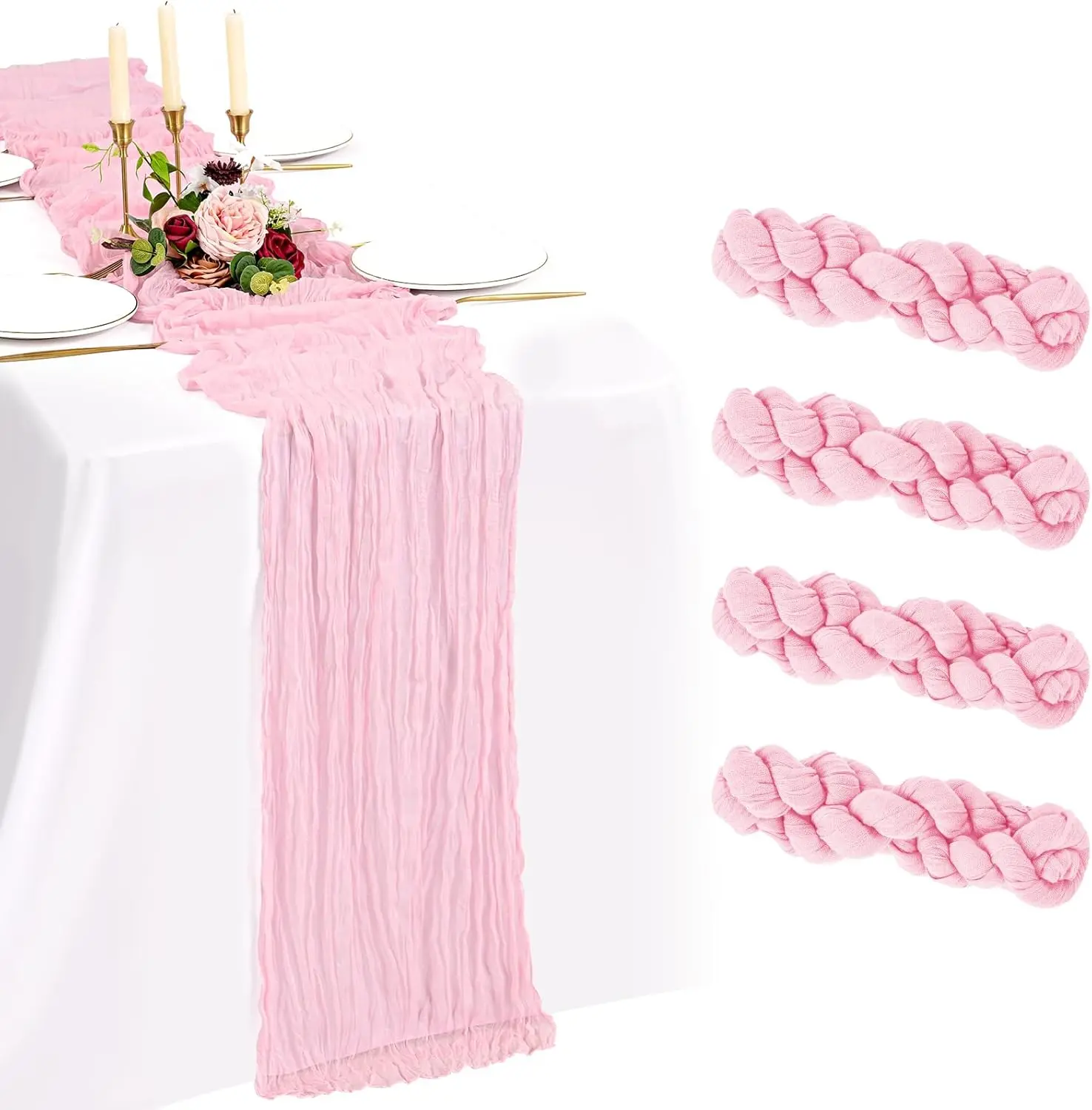 4 Pack Cheesecloth 10FT Light Pink Boho Gauze Cheese Cloth Table Long Rustic Sheer Table Decorations for Wedding Baby Bridal Shower Birthday Home