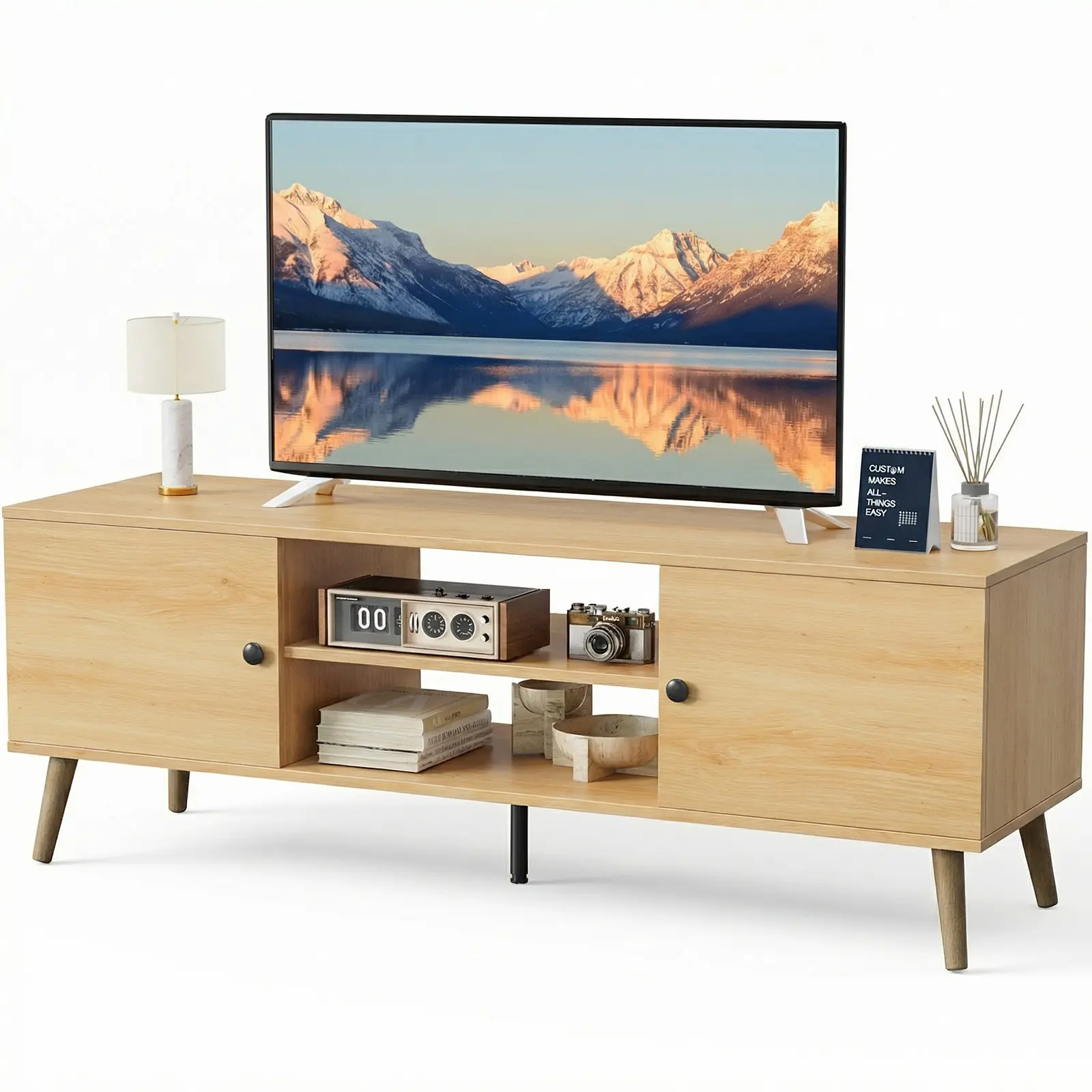 Sweetcrispy Mid-Century Wooden LED TV Stand with Storage - 5 Legs, 2 Soft-Hinge Adjustable Shelves, 3-Level Shelf Fit, Sturdy Cabinets, Foot Pads, 53.54"w x 15.75"d x 18.9"h, Assembly Required, 55-60 Inch TV Console, Living Room Furniture, Detailed Manual