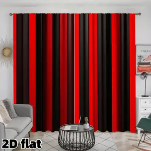 2D Flat 2Pcs Vertical Striped Modern Curtains Red Black Color Block Design Rod Pocket Style Semi Sunshade Polyester Fabric Suitable for Living Room Bedroom Balcony Kitchen Home Decor Window Treatment Anti Privacy Home Decoration Curtain