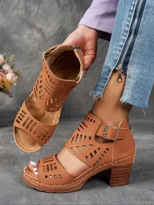 Women's Open Toe High Heel Sandals, Hollow Design with Buckle Detail, Lightweight Comfort, Roman Gladiator Style, Casual Summer Fashion, Boho Style Sandal