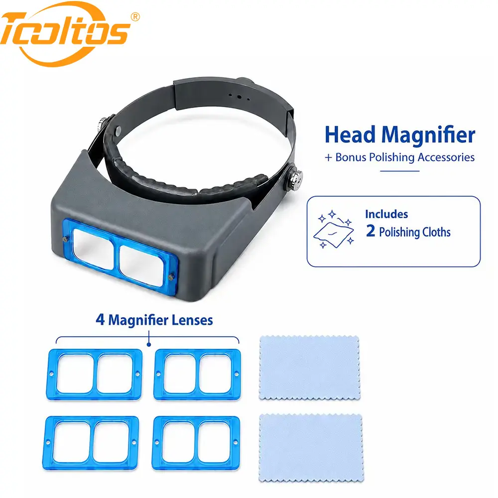 TOOLTOS 1 × Headband Magnifier Set with 4 Interchangeable Removable Lenses, 2 Polishing Cloths & Accessories - DIY Beading & Jewelry Making Repair Tool for DIY Users, Workshop Users, Removable Lens Design