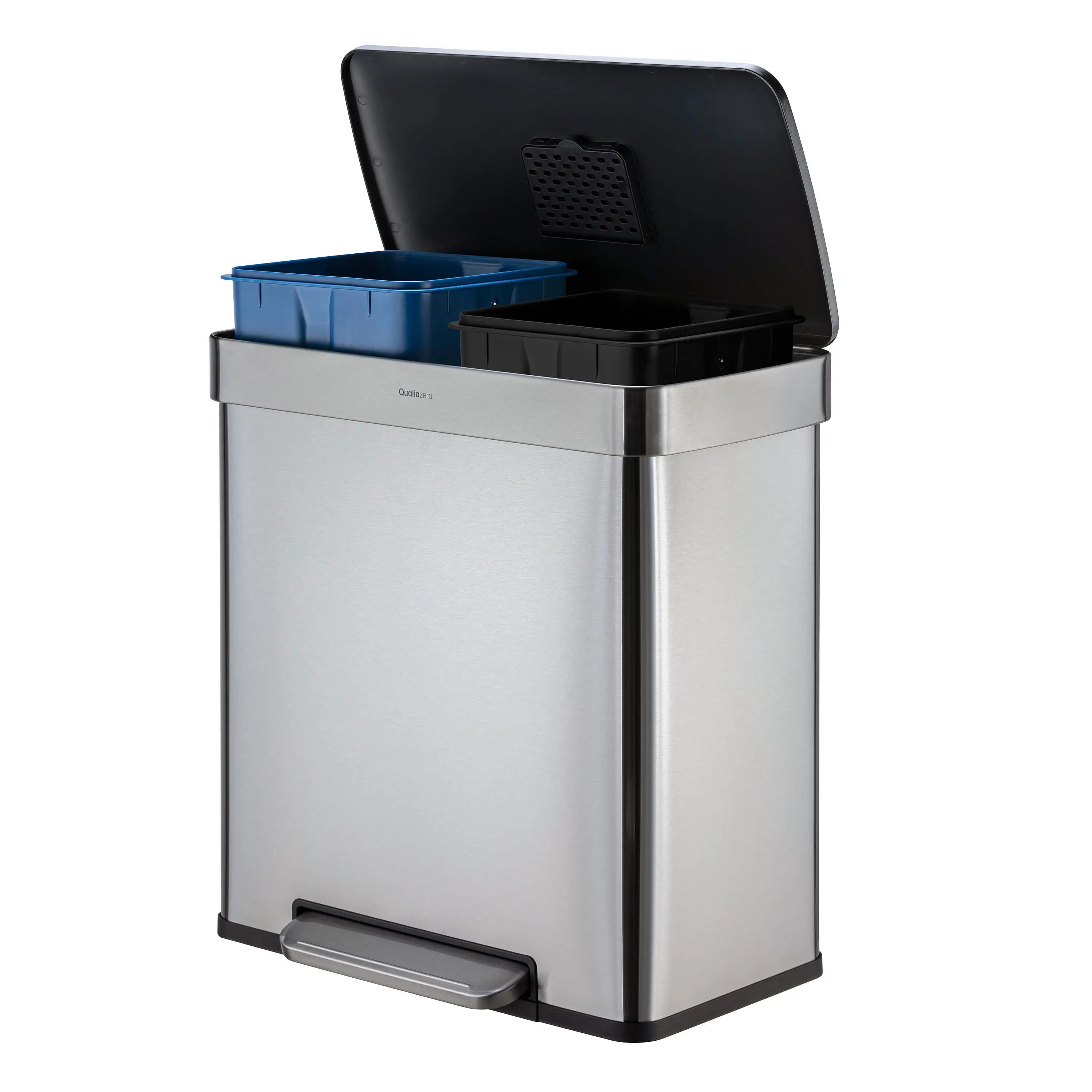 Qualiazero Kitchen Trash Can For Waste Sorting 16 Gallon Stainless Steel Step Dual Compartment Soft Close Lid Silver