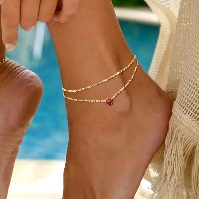 FindChic Heart Birthstone Two-layered Anklet Shining Daily Casual Summer Beach Footwear Stainless Steel Anklet Bracelet Birthday Gift Jewelry for Women Girls