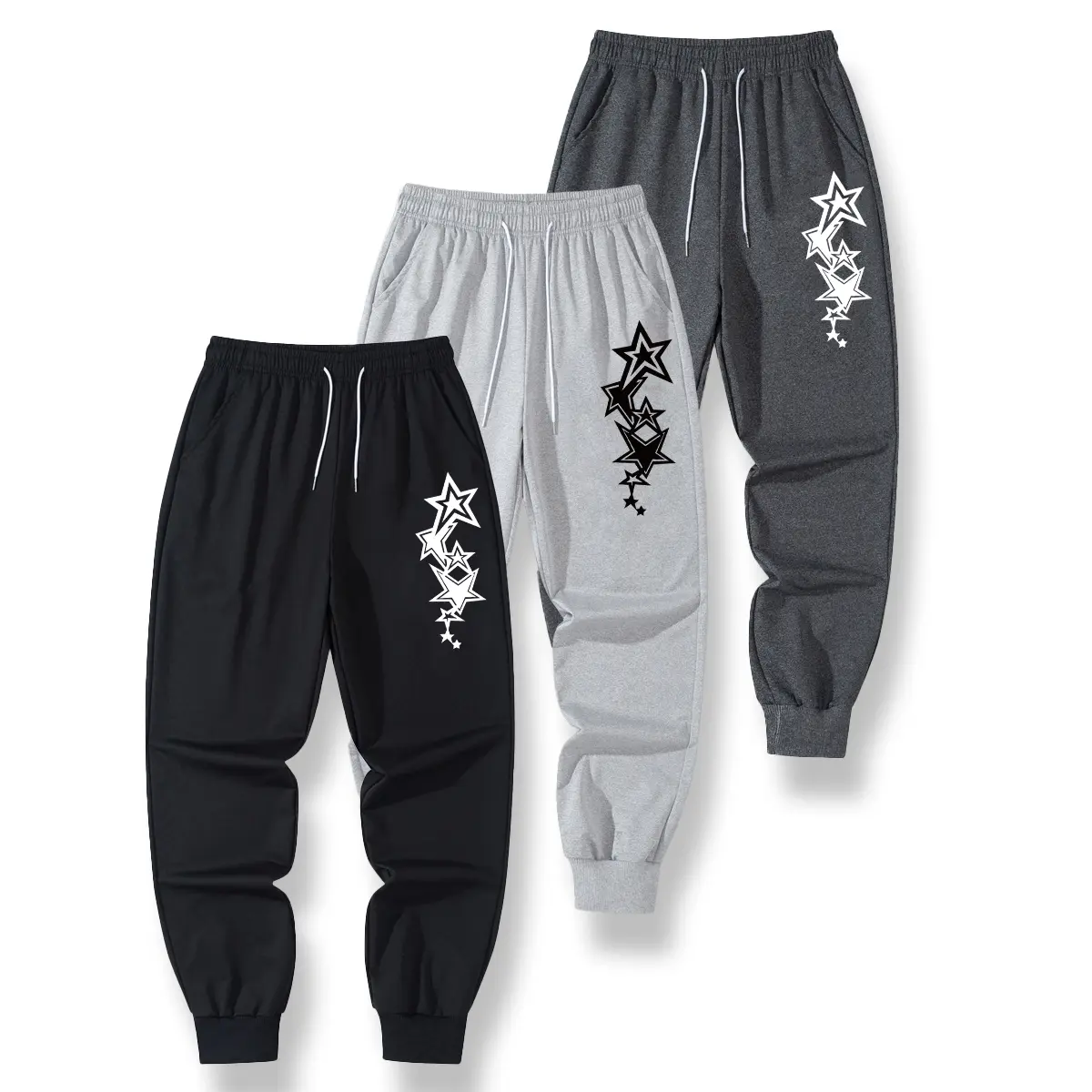 Men's Athletic Joggers, Regular Fit Polyester Sport Pants with Stylish Star Print, Pockets, and Drawstring Waist for Activewear, Menswear, Casual Minimalist Trousers, Black+Light Gray+Dark Gray, Cold Wash