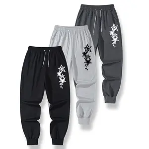 Men's drawstring waist casual pants for spring and autumn, with pockets, printed design, regular fit suitable for everyday casual wear in spring and autumn