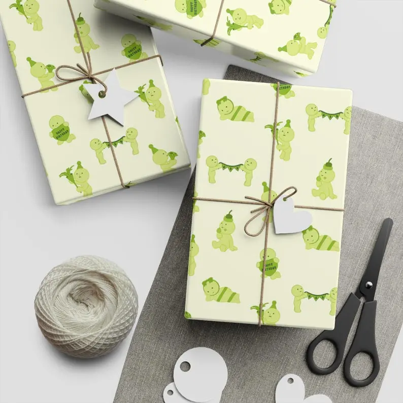 Smiski Birthday Wrapping Paper Sheets Kawaii Green Characters, Recyclable *Brand New*