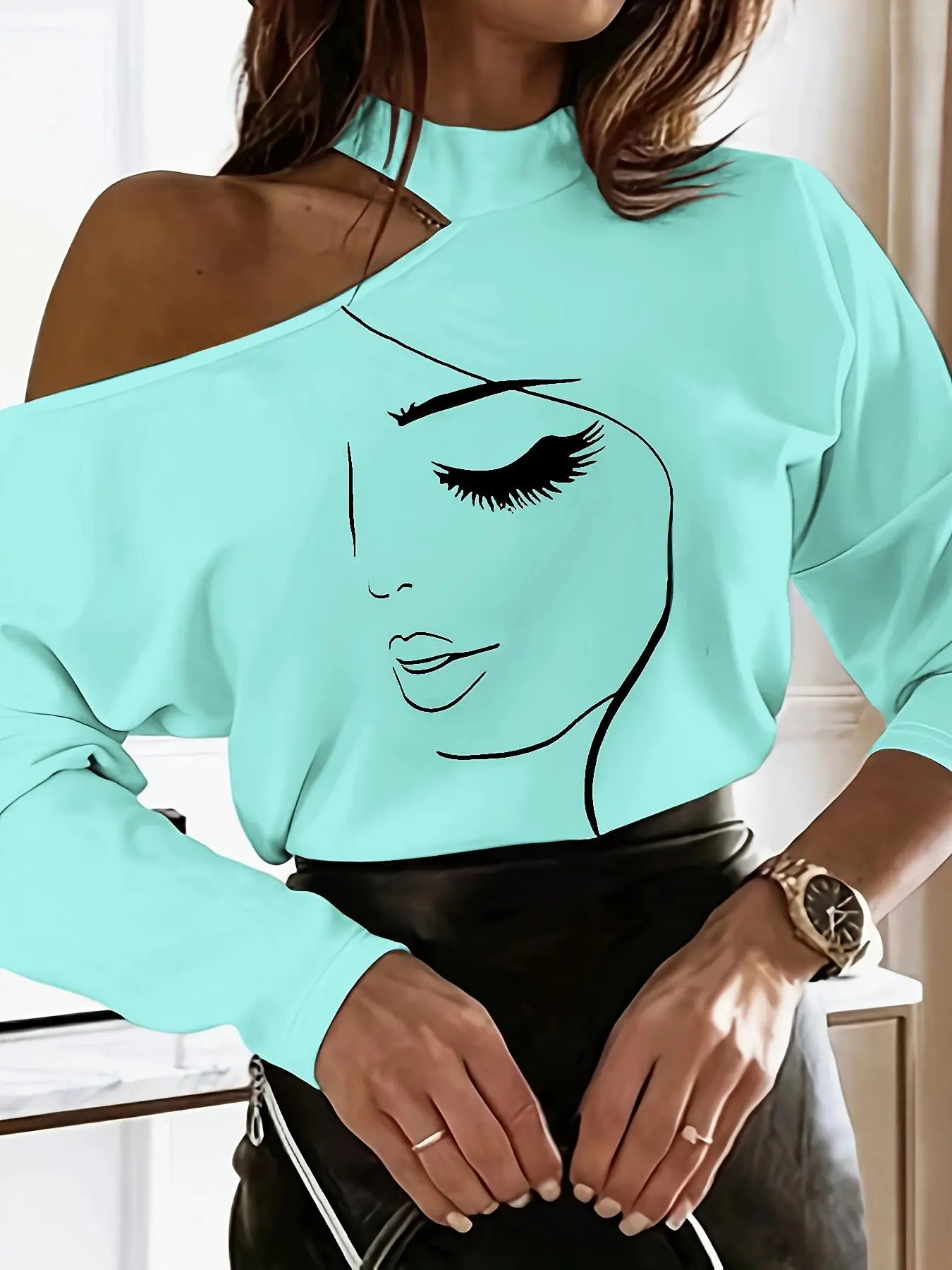 Women's Abstract Print Asymmetrical Neckline Design Top, Sexy Shoulder-Exposed Design, Long Sleeve Casual Fitted Tee for All Seasons