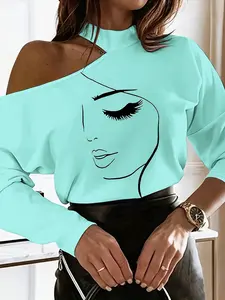 Women's Abstract Print Asymmetrical Top, Sexy Shoulder-Exposed Design, Long Sleeve Casual Fitted Tee for All Seasons, Casual Classy Top, Casual Style Shirt