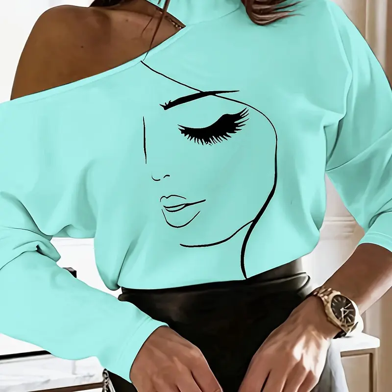 Women's Abstract Print Asymmetrical Neckline Design Top, Sexy Shoulder-Exposed Design, Long Sleeve Casual Fitted Tee for All Seasons