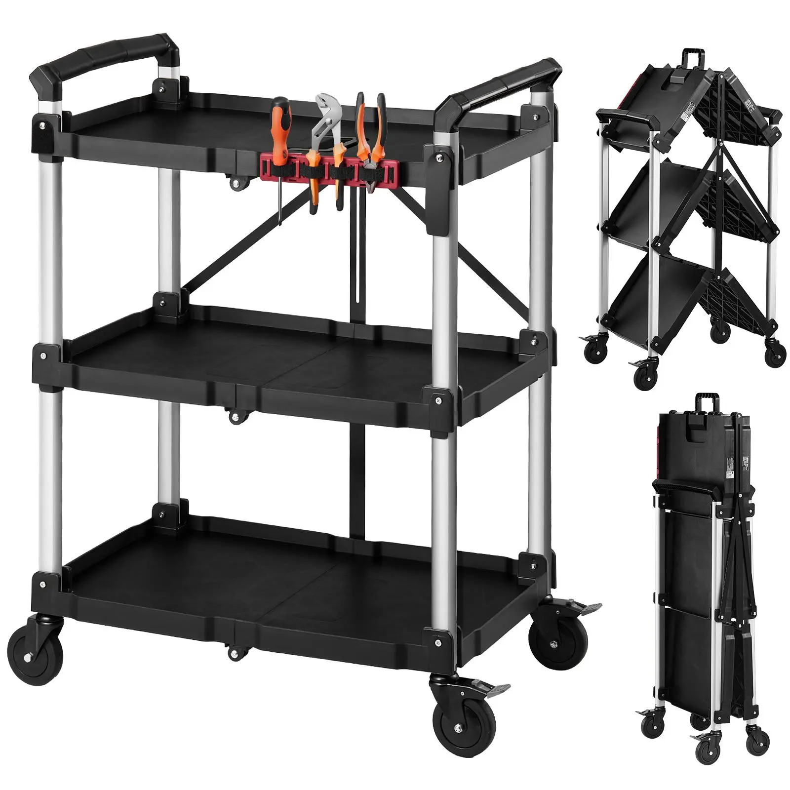 VEVOR Collapsible Portable Utility Cart Organizer, 300 lbs Capacity 3-Tier Rolling Cart with 360° Swivel Locking Castors (2 with Brakes), Trays, Side Tool Holder, Racks for Home Supplies Mobile Storage (Garage, Field Service)