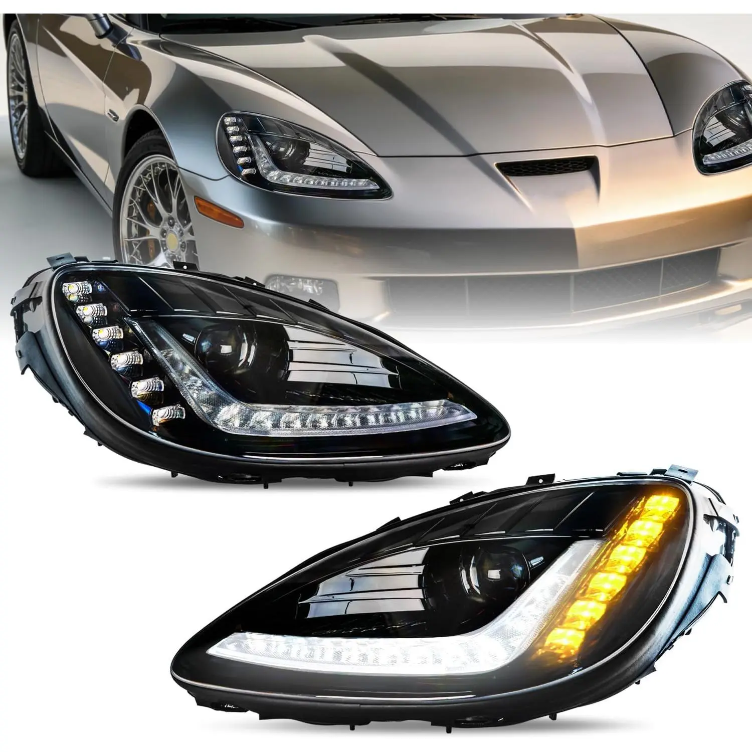 LED Sequential Headlights Assembly for 2005-2013 Chevy Chevrolet Corvette C6 with C7 Design, Black Projector Headlamp with LED DRL Bar & Sequential Turn Signals, Pair Left+Right