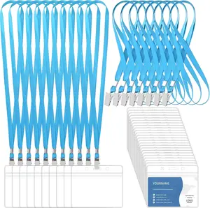 100 count Lanyards for ID Badges and 100 count Clear Name Tag Holders  Lanyard with Clip Plastic ID Card Badge Holder Name Badges for Adults  Business School Office Supplies (Light Blue)