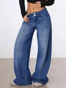 Women's Trendy Wide Leg Jeans Classic Washed Denim Jeans Elastic Drawstring Versatile Casual Long Jeans All Seasons Fitted Plain Style