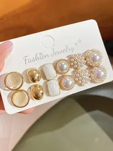 6 Pairs of Faux Pearl Geometric Round Stud Earrings, Elegant Minimalist Earrings, French Court Style Earrings, Light Luxury High-End Earrings, Dainty Fashion Jewelry, Suitable for Daily Wear, Parties And Dates, The First Choice for Holiday Gifts