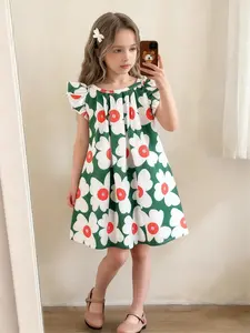 Girls' Summer Floral Print Dress, Fashion Round Neck European Style Party Princess Dress, Casual Fitted Kids Clothing