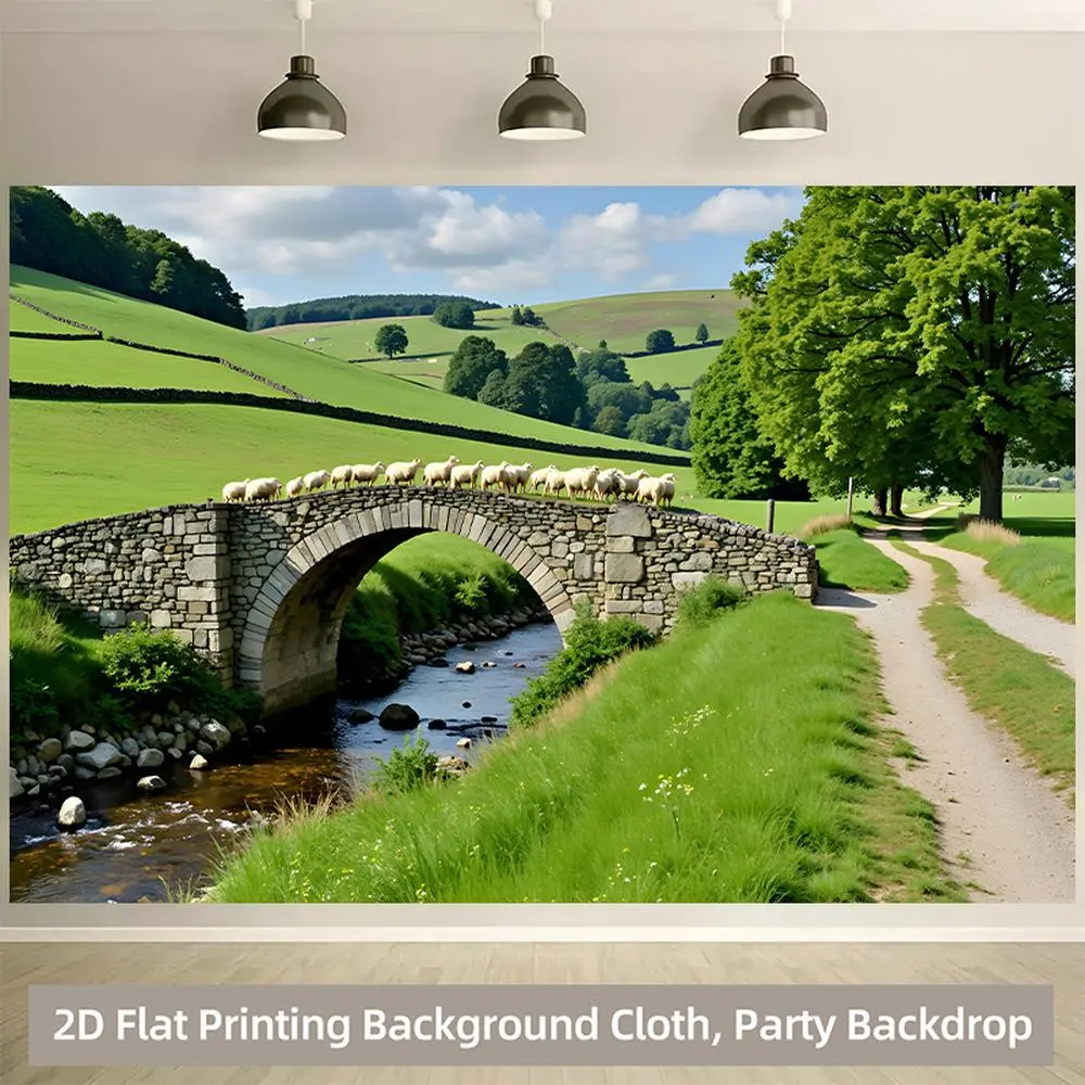 2D Flat Printing Polyester Photography Backdrop - HD Digitally Printed Botanical Hills Stone Bridge Sheep Stream Scene Cloth, Soft, Lightweight, Foldable Indoor Backdrop for Studio Photography, Portraits, Livestreams