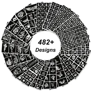 482pcs Temporary Tattoo Stencils, 20 Sheets Henna Tattoo Stencil Kit for Women and Man Face Body Paint Reusable Glitter Tattoo Stencils Pack Party Favor Supplies