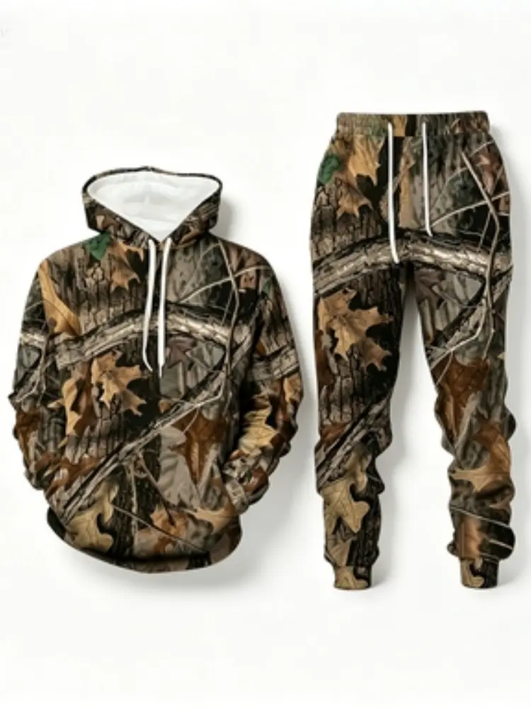 Men's 2-Piece Leaf Print Hoodie & Pants Set – Long Sleeve Camo Pullover with Sweatpants, Thick Warm Casual Outfit for Fall and Winter