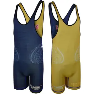 Exxact Sports Reversible Wrestling Singlet Men Single Ply - Youth Wrestling Singlet for Gymnastic, Powerlifting Singlet, MMA (Navy / Gold)