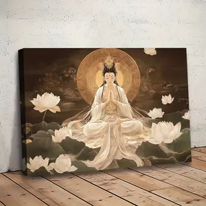 Wood Frame Canvas Wall Art - White Lotus Guanyin Meditation Buddha Statue, Advanced Matte Finish, 29.97cm x 39.88cm - Suitable for Bedroom, Living Room, or Farmhouse Office Hanging Decoration| Meditation Artwork| Colorful Zen Home Decor, Perfect for Room