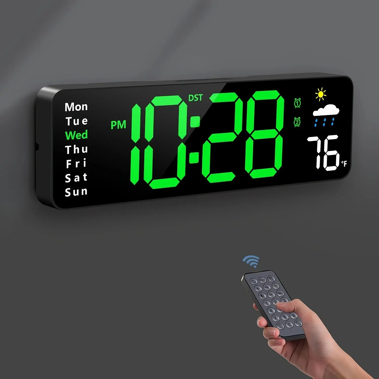 11" Large Digital Wall Clock with Remote & RGB Backlight - Alarm System, Plug-in Suitable for Seniors, Large Display for Bedroom, Living Room, Office, Temperature/Humidity/DST/Date/Week Display, Auto/Manual Dimming, Alarm Clock