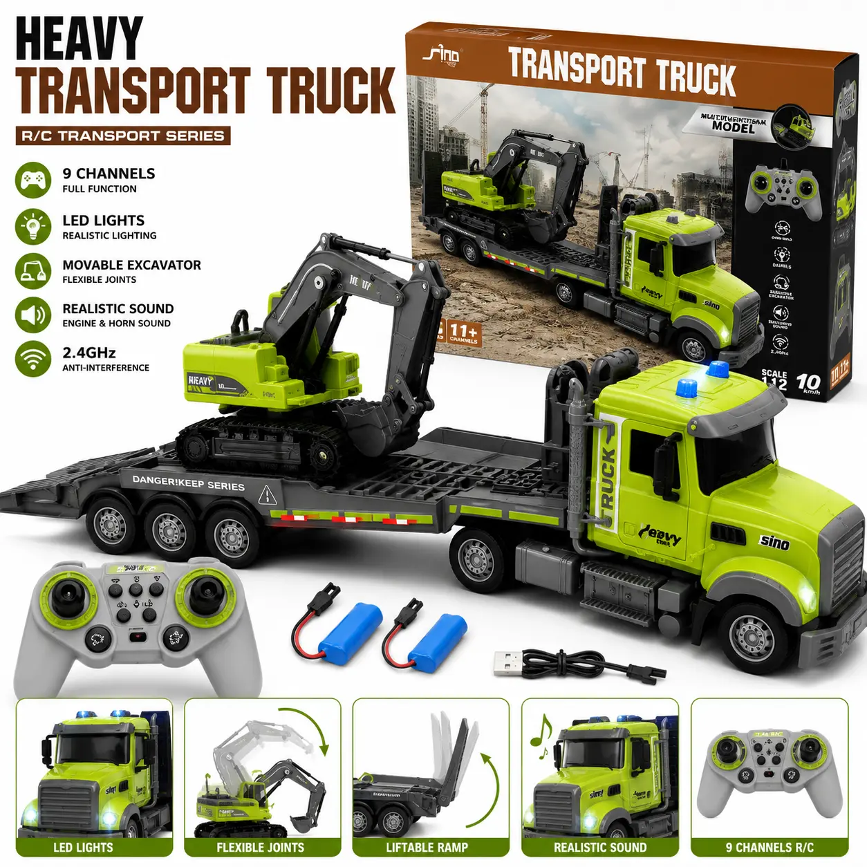RC Semi Truck & Excavator Toy Set 1:12 RC Semi-Trailer Truck with Sound and Lights 2.4Ghz Remote Control Flatbed Truck with Excavator Toys Gift Set for Children