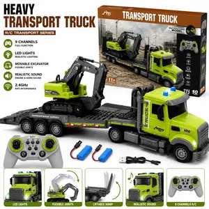 RC Semi Truck & Excavator Toy Set 1:12 RC Semi-Trailer Truck with Sound and Lights 2.4Ghz Remote Control Flatbed Truck with Excavator Toys Gift Set for Children