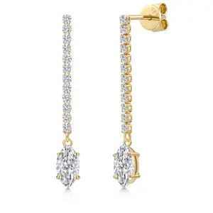 Gem Stone King 14K Yellow Gold Gemstone Birthstone and White Lab Grown Diamond Long Liner Dangle Earrings for Women | Marquise 8X4MM | Yellow Gold Chain Drop Earrings