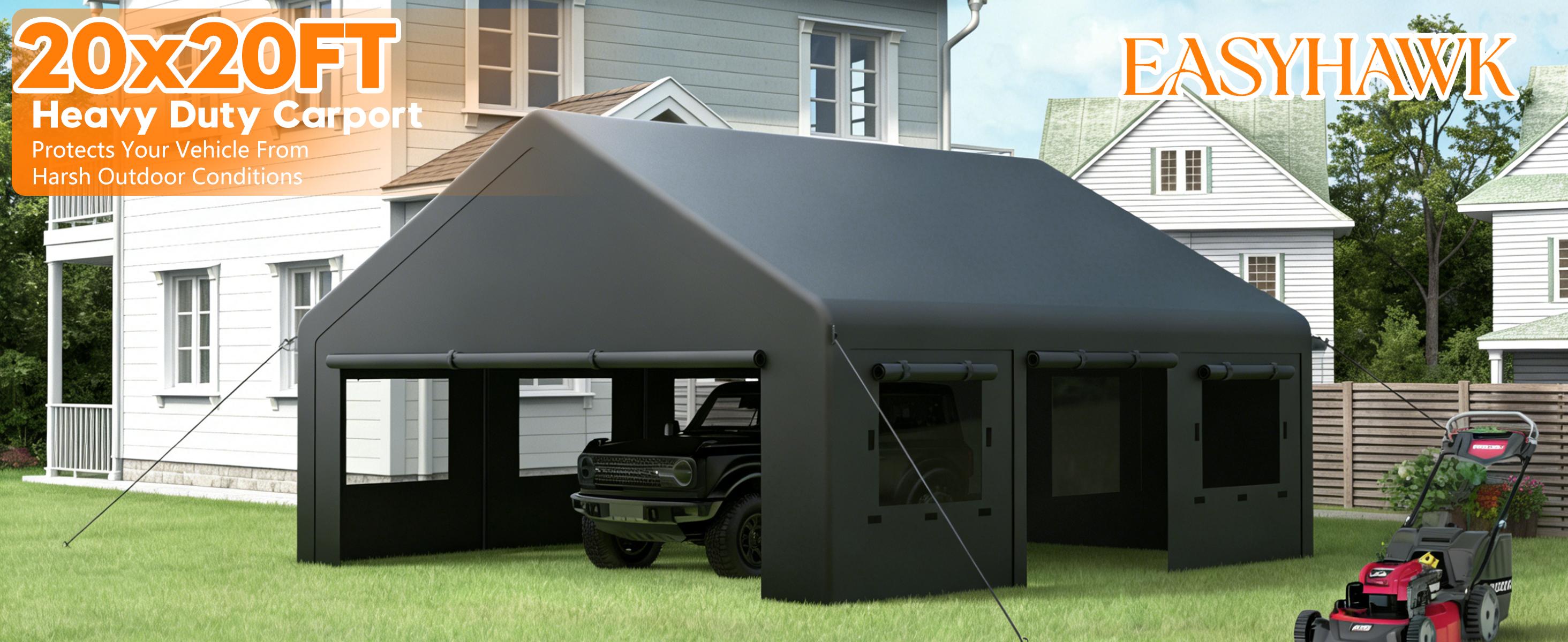 MNLR 20' x 20' Carport Canopy, Portable Garage with Side-Opening Door, Roll-Up Windows and 4-Hole Base, Black