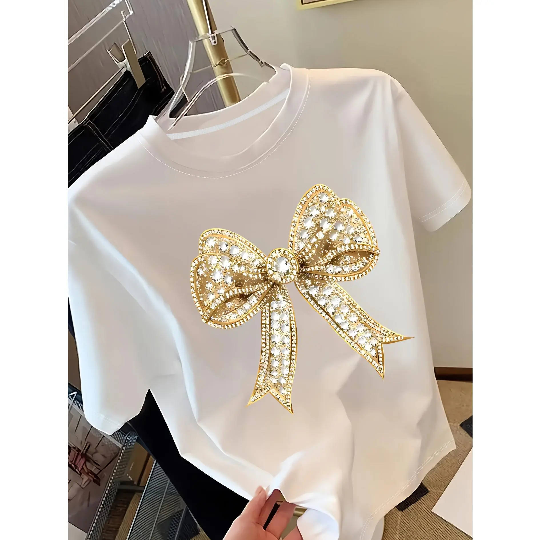 Women's Y2K Polyester Crew Neck T-Shirt - Short Sleeve, Minimalist Graphical Print, Sparkly Bow, Spring/Summer Casual Regular-Style Top
