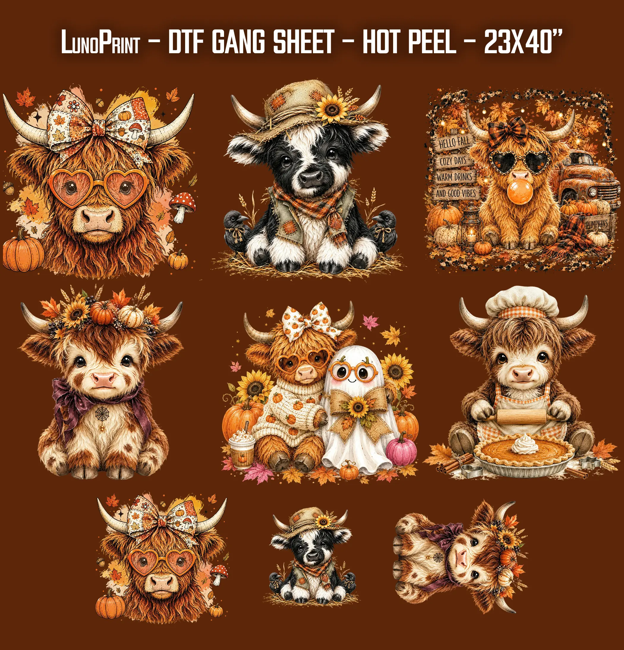 Cute Fall Highland Cow DTF Gang Sheet 23x40 in. Ready-to-press Hot Peel Heat transfers 9267
