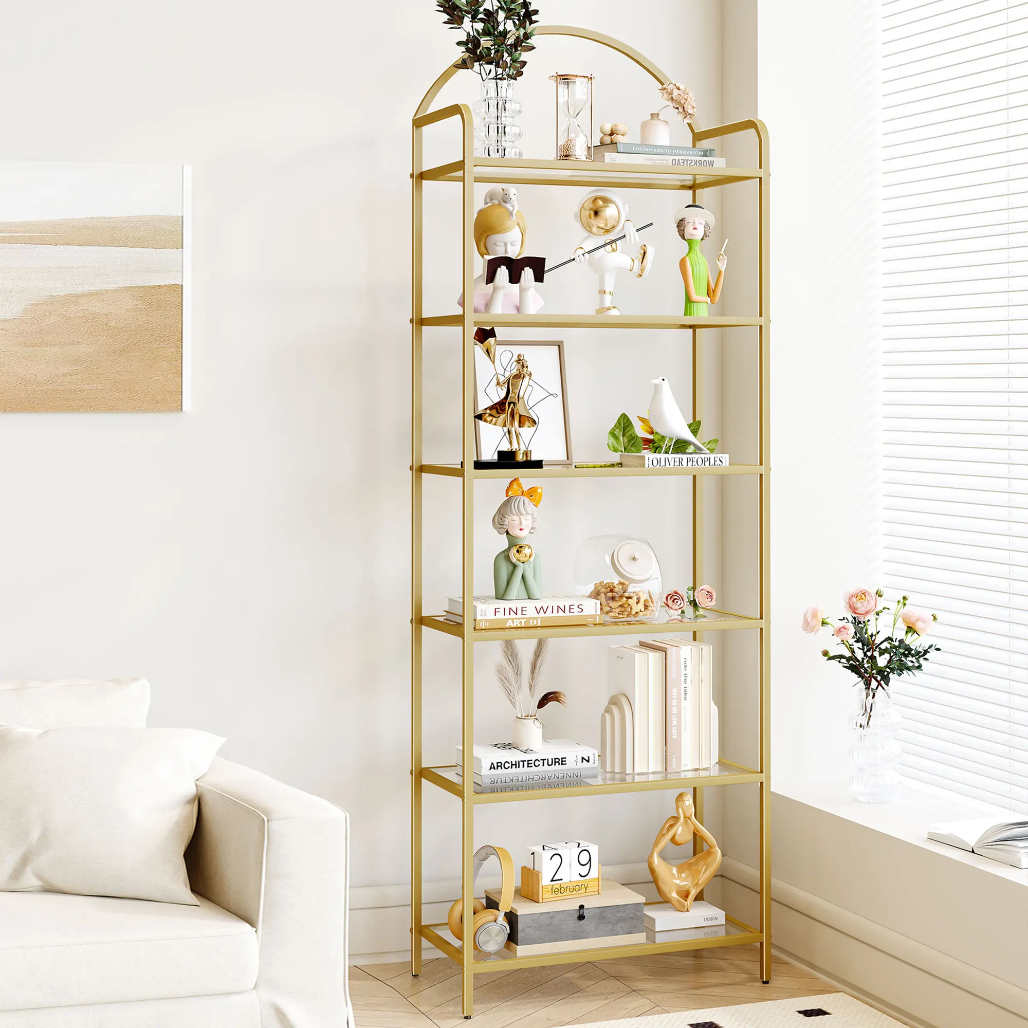 Hzuaneri Bookcase Bookshelf, Tempered Glass Bookshelves, Slim Shelving Unit for Bedroom, Bathroom, Home Office, Steel Frame