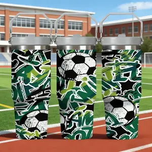 1pc 30oz Football Graffiti Stainless Steel Insulated Cup, Portable Handle & Straw, Large Capacity Outdoor Sports Fan Water Bottle