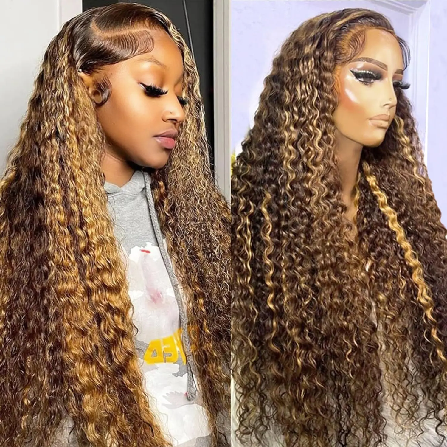 ZLIKE Glueless Highlight Human Hair Lace Front Wig, 13X4 Transparent Lace, P4/27 Blonde Water Wave, Pre-Plucked Colored Curly Wig for Women, Glueless Highlight Wig
