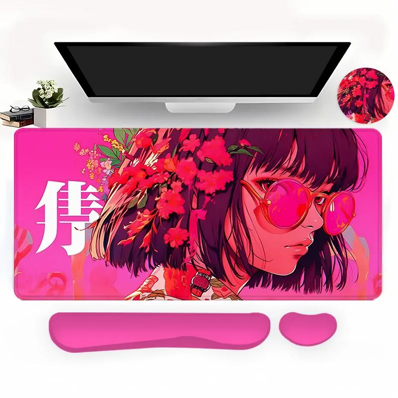 Modern Girl Pattern Mouse Pad Set, 4 Counts/set Mouse Pad & Keyboard Wrist Rest & Coaster, Desk Accessories for Home Office Gaming