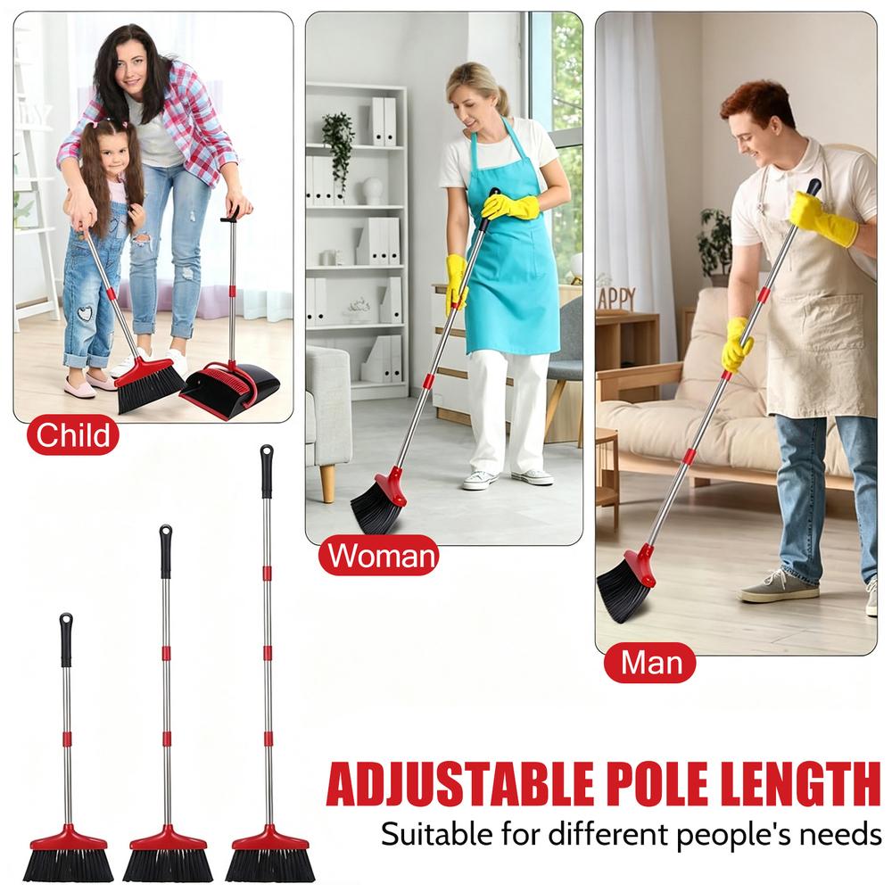 Black & Red Broom and Dustpan Set, Smooth Anti-Scratch Bristles, Hardwood Tile-Friendly, Durable Handle for Indoor Bedroom & Garage Floor Tidying