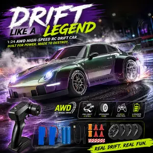 RC Drift Car, 1:24 Scale Remote Control Vehicle with LED Lights, 2.4GHz 40 KM/H 4WD High Speed RC Cars, Drifting Tires＆Two Batteries, Racing Sports Toy Idea Gift for Adults Boys Girls and Kids