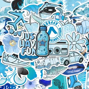 50pcs Blue Aesthetic Retro Stickers Pack, Self Adhesive Stickers, Waterproof Summer Travel & Trendy Decals for Laptop, Water Bottle, Journal & Scrapbook, Cool Style Lover Gift
