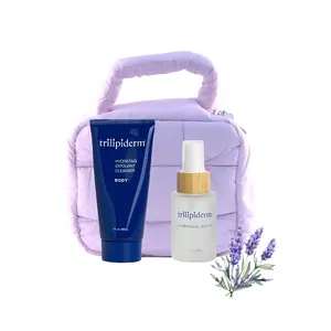 Trilipiderm Lavender Essence Duo | Hydrating Body Set with Lavender Oil, Exfoliating Cleanser & Eco-Friendly Lavender Puffer Bag