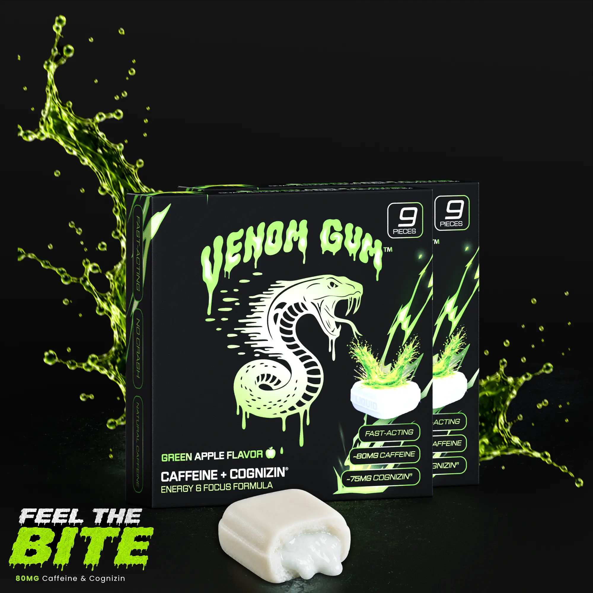 Venom Gum Energy & Focus Nootropic Gum | 80mg Natural Caffeine + Cognizin | Liquid Center | Zero Sugar | No Crash | Green Apple and Mint | 18pcs in each Flavor