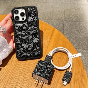 Lace Flower Pattern Phone Case and Charger Protector, New Thick Scratch-Resistant Leather Texture, Compatible with iPhone 15 Pro Max, 14 Plus, 13 Pro Max