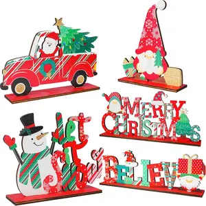5pcs Christmas Table Centerpieces, Wooden Snowman Santa Gnome Signs, Holiday Home Party Decor, Indoor Decoration