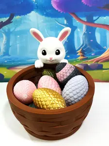 3D Printed Easter Bunny Basket with Colorful Eggs – Mini Wicker-Style Decor