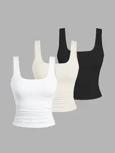 Women's Commuter Style Basic Plain Minimalist Square Neck Sleeveless Tank Top, High Waist Ruched Elastic Fabric, Comfortable Breathable Casual Daily Wear