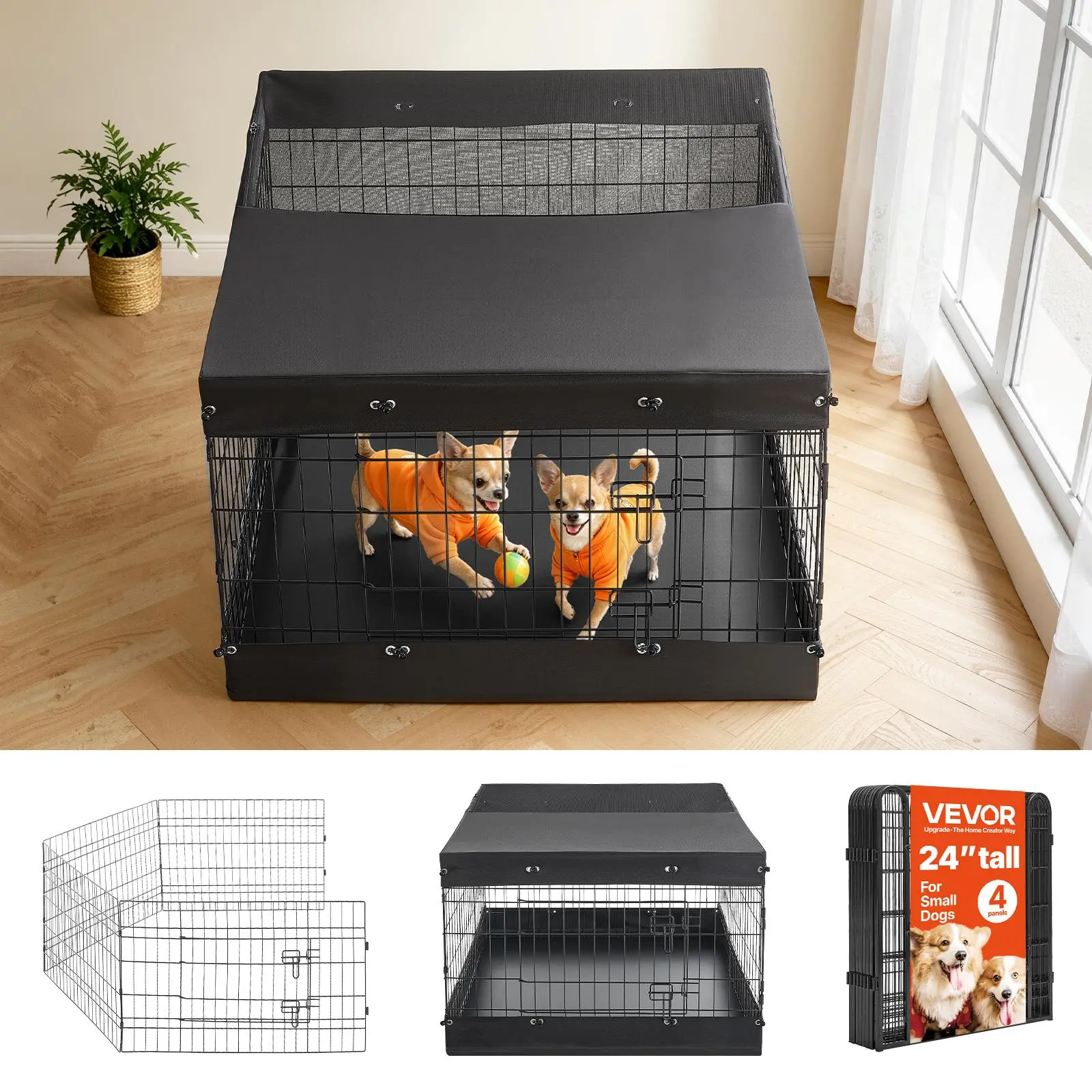 VEVOR 24-Inch 4-Panel Foldable Metal Frame Indoor Dog Playpen, with Top Cover, Bottom Pad, Door, Heavy-Duty Pet Crate Kennel for Small Animals (Black)#BackToSchool
