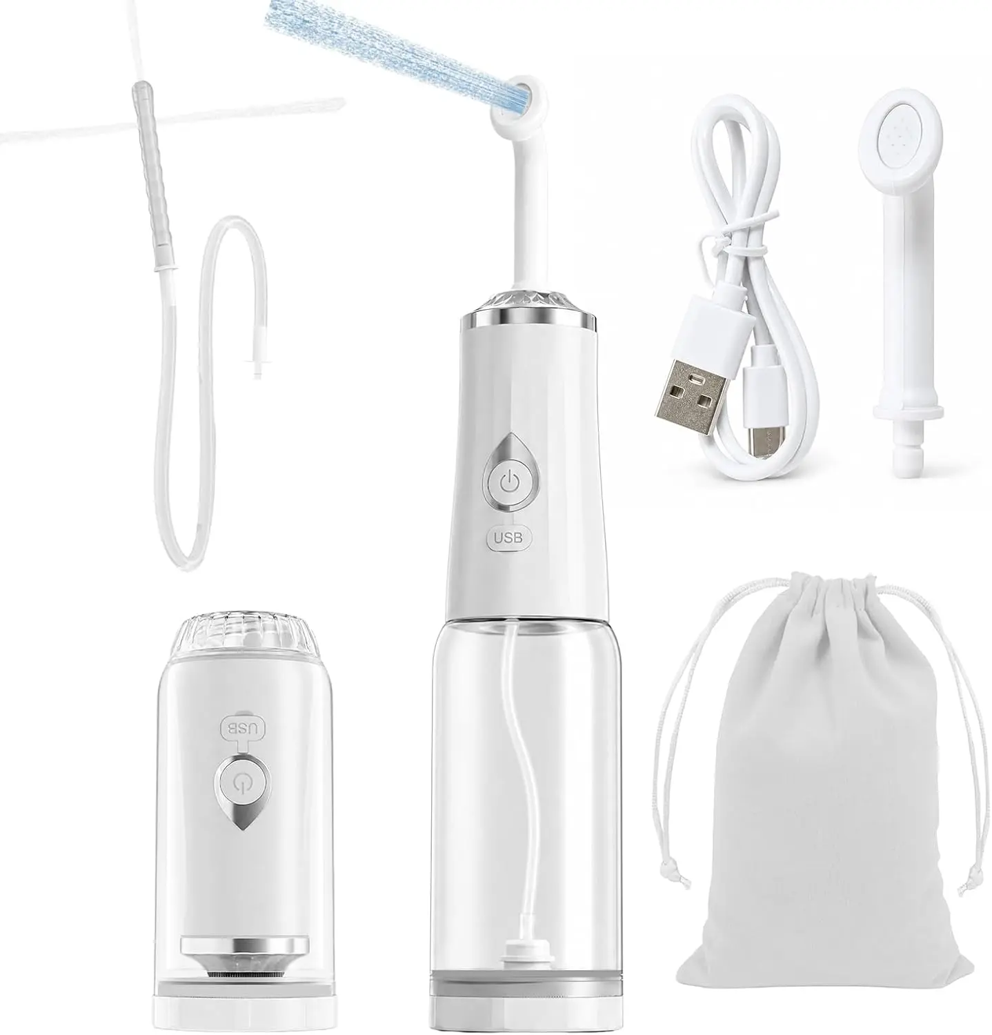 Portable Bidet for Travel, Rechargeable Handheld Bidet Sprayer with USB-C, 4 Pressure Modes & 2 Specialized Nozzles for Front/Rear Wash, IPX7 Waterproof, Bottle Compatible, Detachable (White)