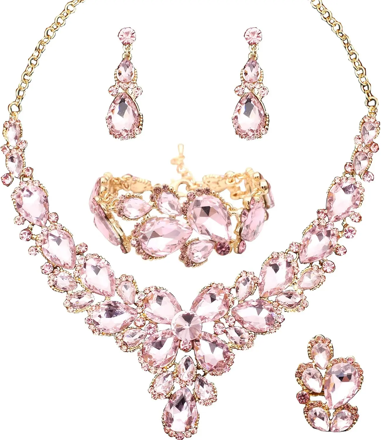 Women's Wedding Bridal Austrian  Glass Teardrop Statement Necklace Dangle Earrings Bracelet Ring Wedding Party  Set for Bridal Bridesmaid