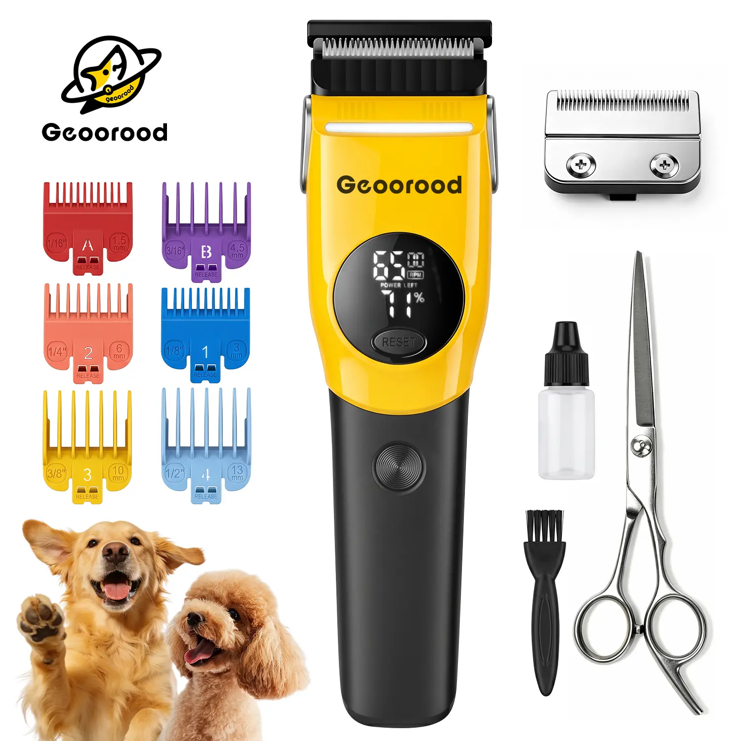Geoorood Professional Pet Clipper Grooming Kit - 10W Motor, 3-Speed, 2 Stainless Steel Blades, 10mm Scissors, Clean Paw Hair Trimmer with Rounded Safety Tips, Charging Cable for Large Dogs, Poodles